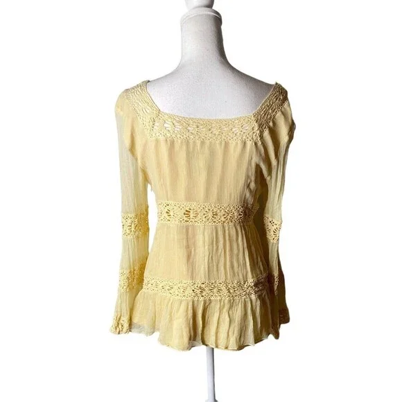 WILLI SMITH Women Silk Large Sheer Gold Yellow Long Sleeve Boho Top Crochet - Picture 2 of 7